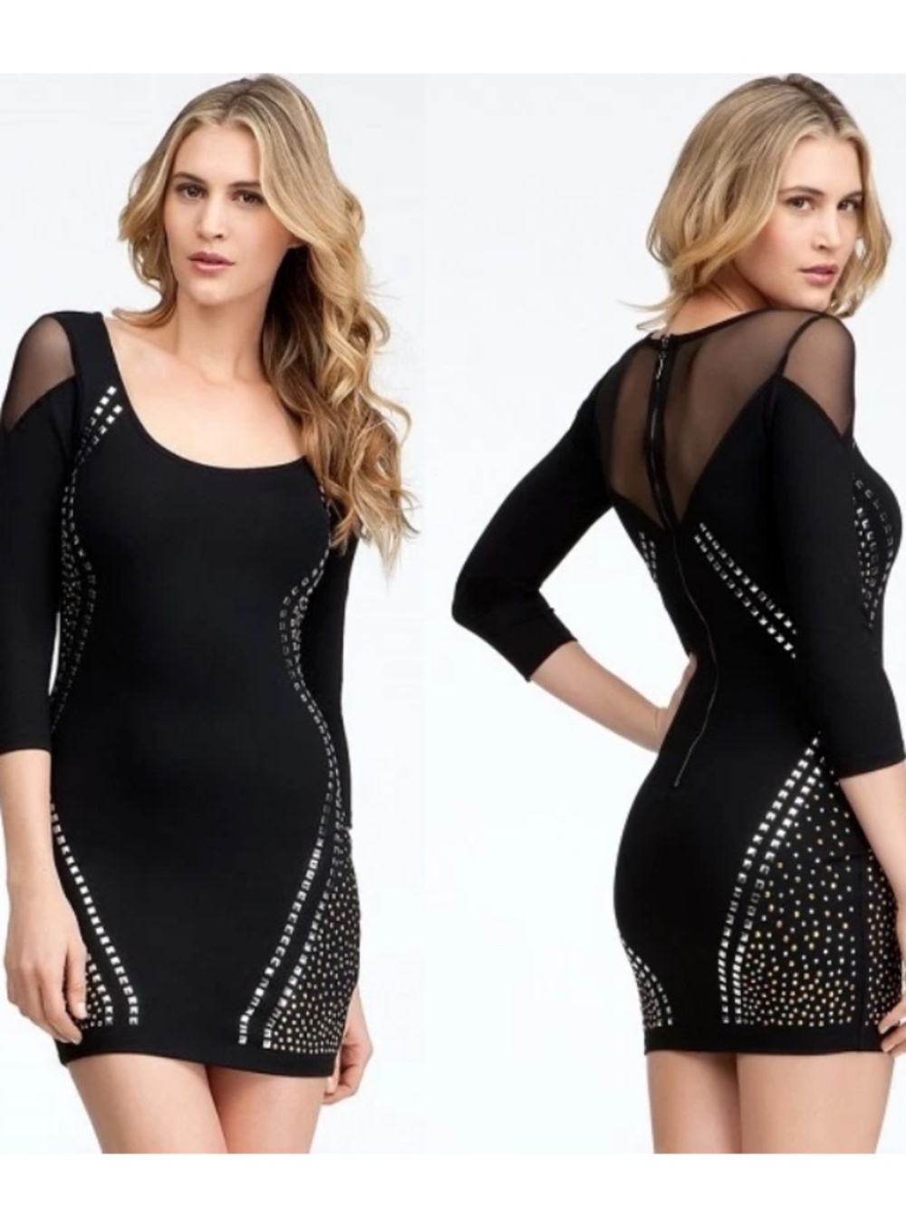 New bebe black silver gold mesh back stud cutout top bodycon dress